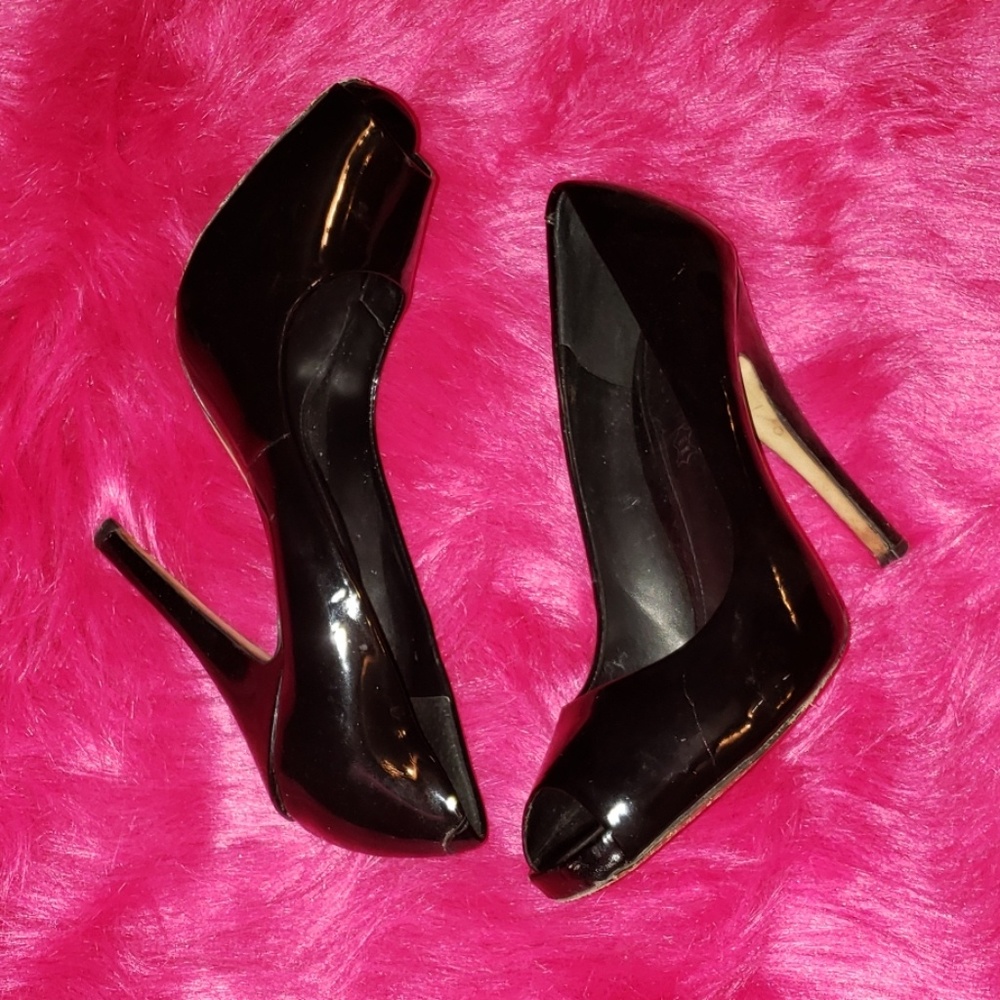 Black Patent Leather Peep Toe Pumps